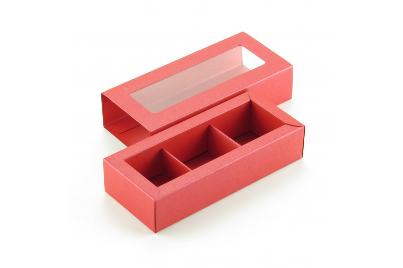 Коробка на 3 конфеты с фальшбортом дизайн красный перламутр "Stardream Jupiter" с окном (12,2*4*3 см)
